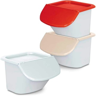 3x 15 Liter Zutatenbehälter mit Entnahmeklappe, stapelbar, Korpus weiß, Deckel beige/rot/weiß