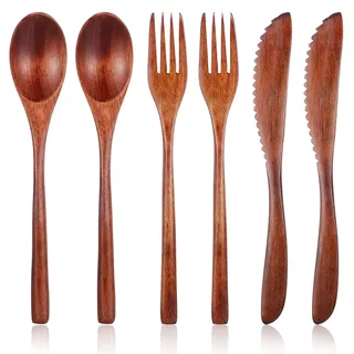 DOPENSPI 6 teiliges Holzbesteck zum Essen, Nanmu Holzgeschirr,Holzlöffel | wiederverwendbare Gabeln, Schaber, Holzbesteck-Set, Besteck-Set für den täglichen Gebrauch, Familie, Zuhause, Reisen, Camping
