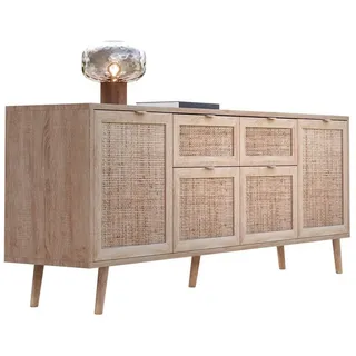 Newroom Sideboard Rattan Optik 180 cm, Sideboard Sonoma Eiche Rattan Modern Boho Skandinavisch Highboard beige