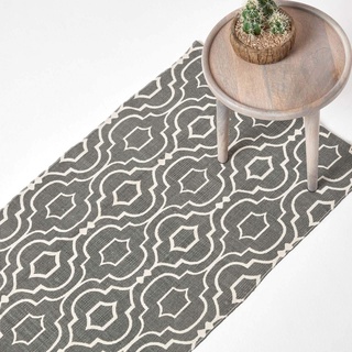 Homescapes Teppichläufer Riga, handgewebt aus 100% Baumwolle, 66 x 200 cm, Baumwollteppich mit geometrischem Muster, grau