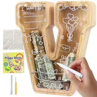 Lakpopya Spardose für Kinder Jungen Mädchen - Personalisiert Durchsichtig Mit Buchstabe Holz A-Z, Zielbereich, Aufkleber & Marker - Taufe Geschenk Dekoration (V)