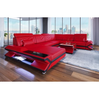 Sofa Dreams Wohnlandschaft Couch Leder Sofa Napoli XXL U Form Ledersofa, mit LED, wahlweise mit Bettfunktion als Schlafsofa, Designersofa rot|schwarz