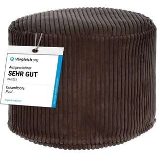 DreamRoots Runder Cord Pouf Hocker 380 g/m2 als Bequemer Bodenstuhl und Vielseitiges Sitzkissen Boden für Wohnzimmer Schlafzimmer oder Homeoffice 50x50x35 cm Dark Chocolate