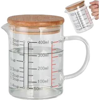 Messbecher Glas with Handle and Lid, 400ml Cup Messbecher, Measuring Jug Made of Glass for Kitchen, Restaurant