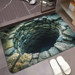 boiszeda 3D Fußmatte Vintage Stein Brunnen, Realistische Gesteins-Illusion Matten, wasserdichte Schlammschutzmatte Indoor Outdoor