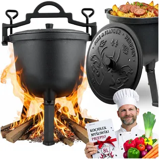 Berdsen Gusseisen Topf 8 L Dutch Oven - Feuertopf für Lagerfeuer und Grill - Gleichmäßiges Garen - mit 3 Beinen und Aufhängebügel - inkl. Rezeptbuch - Schwarz
