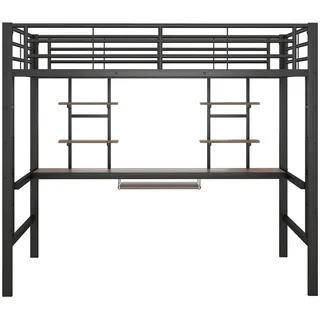 Odikalo Hochbett Metallbettgestell Eisen Schreibtisch 2 Bücherregalen 140x200cm Schwarz