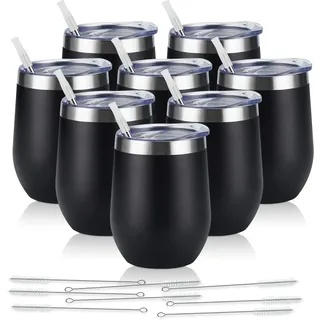 8er-Pack 12 Unzen rostfreie Stahl-Weinbecher, isolierter Weinbecher, doppelwandig isoliertes Weinglas, rostfreie stiellose Weinbecher mit Deckeln für Kaffee, Wein, Cocktails, Champagner, Schwarz