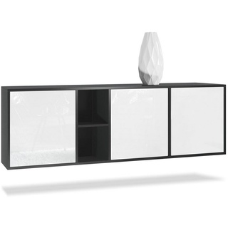 Vladon Sideboard Cuba (Kommode, mit 3 Türen und 2 offene Fächer), Schwarz matt/Weiß Hochglanz (182 x 53 x 35 cm) weiß