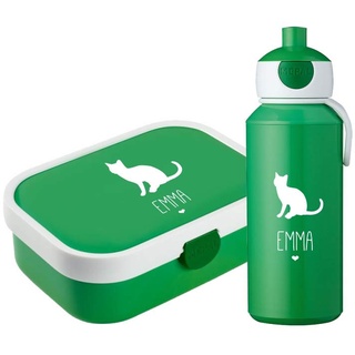 4youDesign Set: grüne Brotdose & Trinkflasche -KATZE Silhouette- personalisiert mit Namen – inkl. Bento Box, Gabel & Pop-Up Flasche – Geschenk für Kinder (Grün)