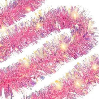 Weihnachtsdeko 5M Weihnachtsgirlande mit Beleuchtung und Timer, 8 Modi Weihnachtsdeko Girland Tannengirlande, Tannengrün Christmas Garland Weihnachten Outdoor Treppe Balkon Fenster Kamin Deko (Rosa)