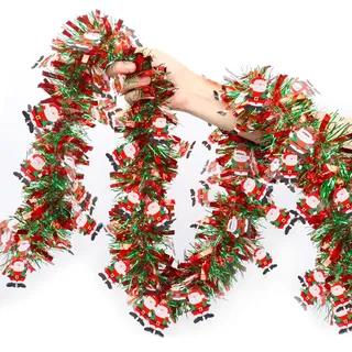 Weihnachtsbaum Lametta Girlande Rot & Grün Weihnachtsmann Tannengirlande 2M Künstliche Weihnachtsgirlande Baumschmuck Weihnachtsdeko für Kamin Treppe Türen Fenster Weihnachtsfeier Innen-/ Außenbereich