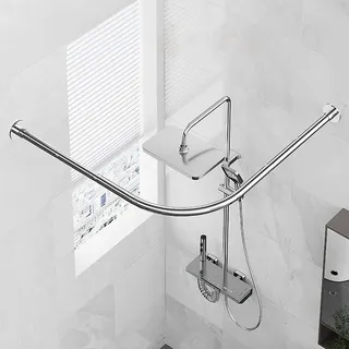 Eck-Duschvorhangstange L Form, Gebogene Vorhangstange Ohne Bohren, Duschvorhangstange Aus Edelstahl SUS304, Rostfrei, Ohne Deckenhalterung, Für Badezimmer, Duschkabine(Size:95*95CM,Color:Silver)