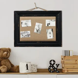 Sintosin Niedlich Pinnwand Kork mit Schwarz Holzrahmen 40 x 30 cm, Rustikales Ausführung Korkwand, Office Pinwand Korktafel Klein, Memo Board Leinen Deco, Pinboard für Crafting