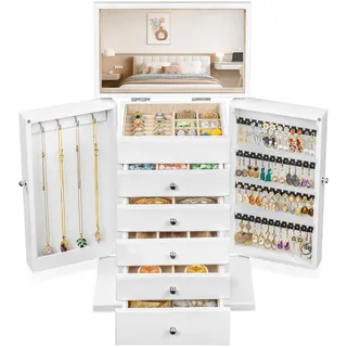 Emfogoo Schmuckkästchen, 6 Ebenen Schmuckaufbewahrung für Damen, Rustikales Holz Groß Schmuckkasten Organizers mit Spiegel, Schmuckbox für Ringe, Ohrringe, Armbänder, Halsketten (Weiß)