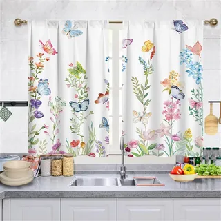Highdi 2 Stück Kurzgardine Wohnzimmer Küchen, Stangentasche Kurzer Scheibengardinen für Kleine Fenster,Landhausstil Bistrogardine Küche Kurzgardinen (Bunte Schmetterlinge,70 * 100cm)