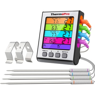 ThermoPro TP17H Digitales Grill-Thermometer Bratenthermometer Fleischthermometer Ofenthermometer mit 4 Edelstahlsonden, Blaue Hinterbeleuchtung, Temperaturbereich bis 300°C