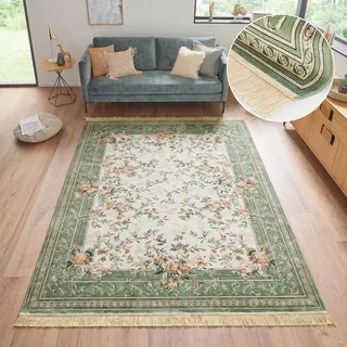 HANSE HOME Nouristan Naveh Orient Teppich – Wohnzimmerteppich Orientalisch Kurzflor mit Fransen Vintage Orientalischer Samt-Teppich für Esszimmer, Wohnzimmer, Schlafzimmer – Creme Grün, 95x140cm