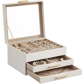 SONGMICS Schmuckkästchen, Schmuckkasten mit 3 Ebenen, Schmuckbox mit Glasdeckel, 2 Schubladen, Schmuckaufbewahrung, viel Stauraum, modern, Geschenk für Ihre Liebsten, wolkenweiß-golden JBC239WT