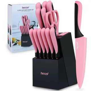 hecef Messerblock Set, 13-TLG Messer Set mit Selbstschärfender block, Scharf Edelstahl küchenmesser Set mit Küchenschere und Holzblock, Pri Kochmesser Set Bunte (Rosa)