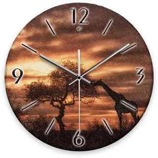 Kreative Feder Wanduhr „Giraffe in Afrika“ aus Stein (Keramik) in Schiefer-Optik; Durchmesser 30cm; mit leisem Uhrwerk (Giraffe in Afrika, leises Funkuhrwerk)