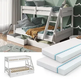 VitaliSpa Hochbett Kinderbett Spielbett Everest Weiß modern 120x200 Massivholz Kinderzimmer Bett Lattenrost Bettleiter Kletterbett Doppelbett Geschwisterbett Bettschublade Rollschublade Matratze