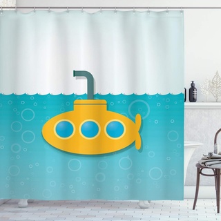 ABAKUHAUS Gelbes U-Boot Duschvorhang, Bubbles on Sea, Stoffliches Gewebe Badezimmerdekorationsset mit Haken, 175 x 180 cm, Baby Blue Earth Gelb
