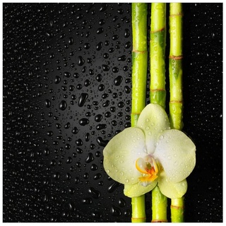 Wallario Möbelfolie Grüne Orchidee mit Bambus auf schwarz - Regentropfen gelb 60 cm x 60 cm