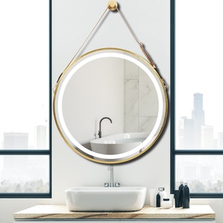 LUVODI Badspiegel mit Beleuchtung Rund 80 cm, Runder Spiegel Gold hängender Wandspiegel Groß Badspiegel mit Touchschalter Beschlagfrei Badezimmer