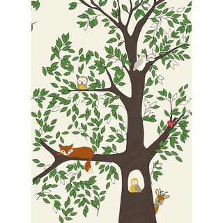 Rasch Tapete 557756 - Fototapete für das Kinderzimmer mit Bäumen und Waldtieren auf hellem Hintergrund - Onszelf Stories - 280cm x 200m (LxB)