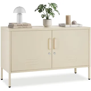 tectake® Sideboard, 100 x 42,5 x 65 cm, mit Magnetverschluss, Verstellbarer Zwischenboden, abschließbar, Metall, rutschfest, solides Stahlgestell, minimalistischer Look, Schraubfüße, Kommode - Creme