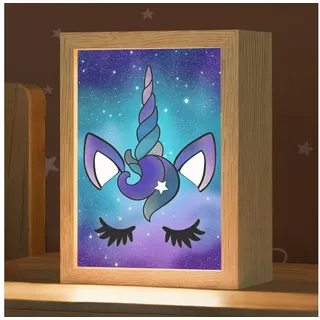 OnlyWow Nachttischlampe Lightbox Einhorn - Sternenhimmel - Blau - Mädchen, Dimmbar, Farbwechsel, LED, Warmweiß, Kaltweiß, Neutralweiß Einstellbar, Kinderzimmer, Babyzimmer, Dimmbar, mit Kabel, Nachtlampe, LED blau 15 cm x 8 cm x 20 cm