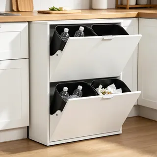 Zirkell Mülltrennschrank 4-fach aus MDF, praktische Abfallbehälter integriert, platzsparender Küchenschrank mit Stauraum in Weiß (60 × 24 × 80)