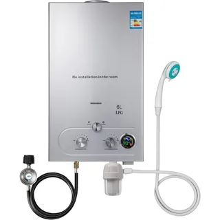 Gas-Wassererhitzer, 6LPM 12KW tragbarer wasserloser Durchlauferhitzer, Propangas-Durchlauferhitzer mit digitaler Anzeige und Mehrfachschutz für Camping- und Wohnmobilreisen (6L)