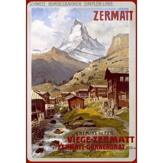 Schatzmix Zermatt Dorf am Berg Metallschild 20x30 cm Wanddeko tin Sign Blechschild, Blech, Mehrfarbig