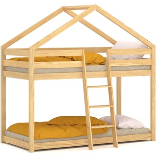 WNM GROUP Kinderbett 180x90 cm aus Natur Holz - Lisa Hochbett mit Sicherheitbarrieren - Massivholz Kinder Bett mit Lattenrost - Sicher Hausbett - Etagenbett für Jungen - Natürliche Kiefer