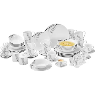 Novel Kombiservice Roma, Grau, Schwarz, Weiß, Keramik, 62-teilig, Streifen, 190 ml,190 ml,220 ml,270 ml,90 ml,420 ml,430 ml, Lfgb, lebensmittelecht, Essen & Trinken, Geschirr, Geschirr-Sets, Kombiservice