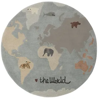 OYOY mini Woll-Teppich "The World" in Hellblau - Ø 120 cm