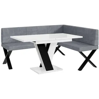 MEBLINI Eckbank für Esszimmer mit ausziehbarem Tisch - Küchenbank - Essecke - Sitzecke Küche - Peter - X-Beine 128x168x87cm Rechts - Grau Samt/M Weiß-Schwarz Hochgl.