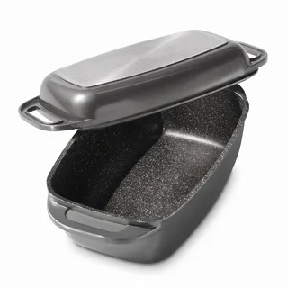 STONELINE Aluguss Bräter mit Deckel 40x22 cm, 5,8 L Bräter Induktion Backofengeeignet Für alle Herdarten, Deckel als Auflaufform verwendbar, Topf Antihaft Beschichtet mit echten Steinpartikeln, Grau