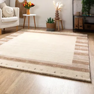 Steffensmeier Gabbeh Teppich Zagros | Wolle, Bordüre Beige, Größe: 120x180 cm Kurzflor Teppich für Wohnzimmer, Ethno Look