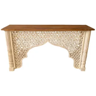 Marrakesch Orient & Mediterran Interior Konsolentisch Indische Konsole Zhora klein aus Mangoholz in Shabby Weiß-Braun 150 cm (1-St), Breite 150 cm 150 cm x 55,45 cm x 40 cm