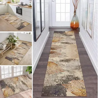 Läufer Teppich Lang Flur rutschfest Waschbar Küche Korridor Teppichläufer Beige Gold Violett 70X300CM Flurteppich Teppichmatten Wohnzimmer Kinderzimmer Esszimmer Anpassbare Küchenteppich Meterware