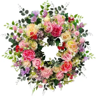 Rosen & Pfingrosen Türkranz mit Eukalyptus,40cm Wetterfester Frühlings-/Sommerkranz für Haustür & Wanddekoration (50 cm)