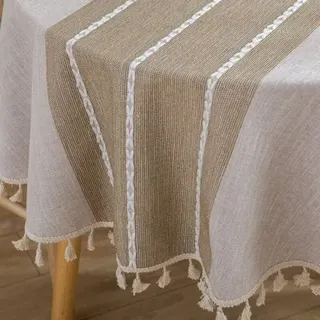 Tischdecke Im Landhausstil Mit Robuster Pomponborte (rund, 152 Cm, Leinen). Staubdichte Tischdecke Aus Baumwolle Und Leinen Für Die Dekoration Des Küchentisches.