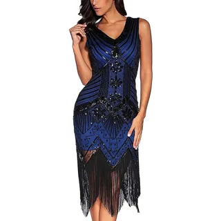 Comeon Damen Flapper Kleider voller Pailletten Retro 1920er Jahre Stil V-Ausschnitt Great Gatsby Motto Party Damen Kostüm Kleid (Blau, XL) - XL