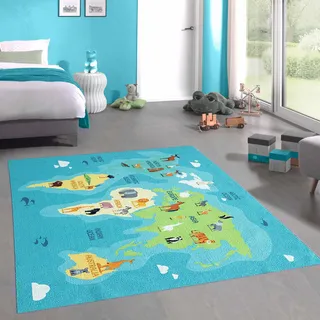 CARPETIA Teppich für Kinder Tiere & Kontinente Weltkarte türkis-blau, 200 x 290 cm
