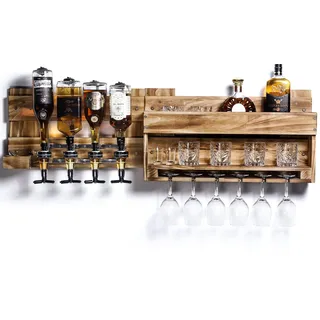 Yorbay Weinregal Palette beflammt Holz, Wandbar mit 4 Getränkespender Wand Flaschenhalter, Vintage, Geschenk (Regulär ohne LED)