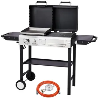 LALAHO Gasgrill 2-in-1 Gas- & Holzkohlegrill 4.5 kW, mit Deckel, Plancha & Grillrost, emailliert, für Garten, schwarz schwarz