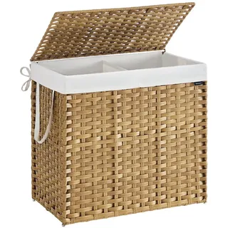 Songmics Wäschesammler mit 2 Fächern, faltbarer Wäschekorb aus Rattan mit Deckel und Griffen, herausnehmbarer Wäschesack